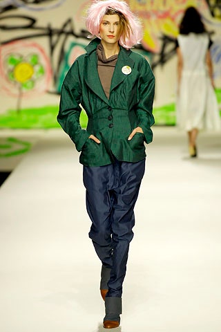 green cotton relaxed jacket and blue pants