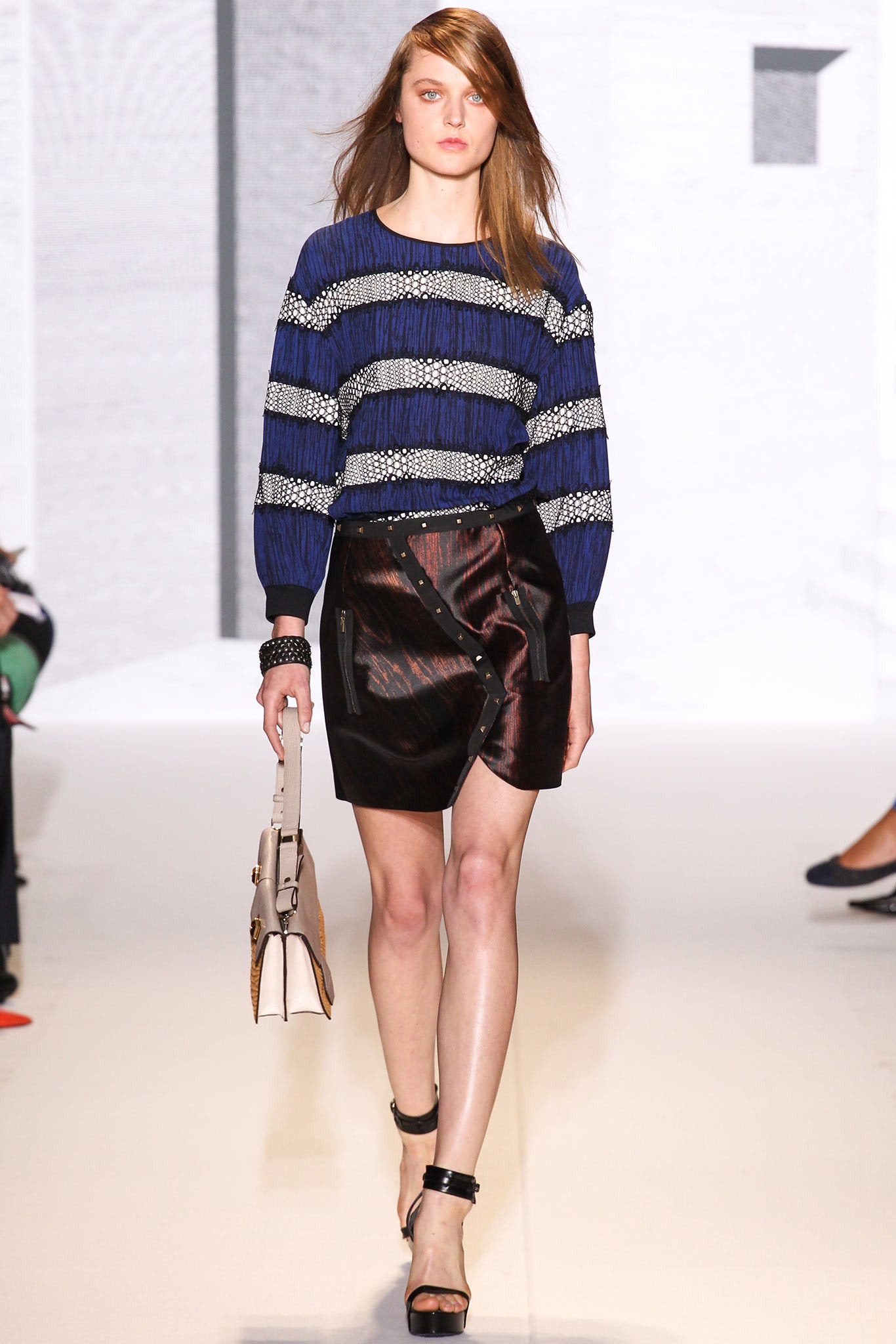 blue striped silk top with black pencil skirt