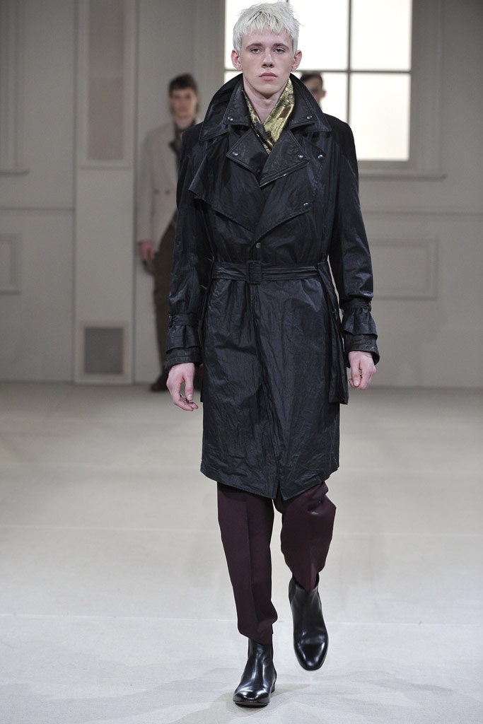 black trench coat maroon pants