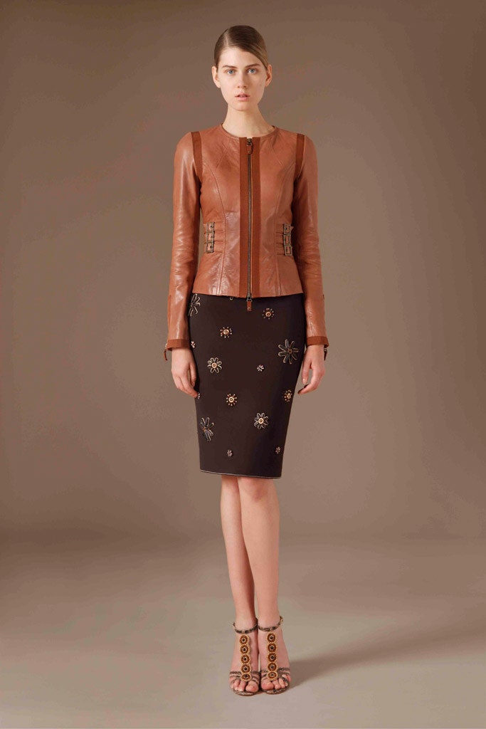 brown leather fitted jacket and black pencil skirt