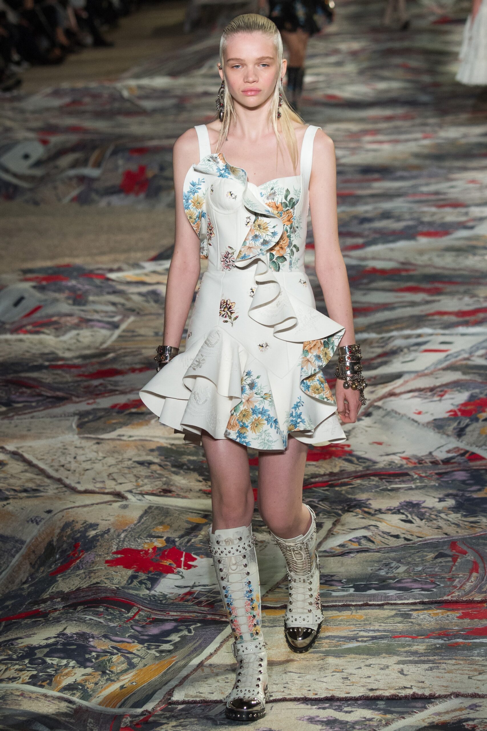 white ruffled mini dress with boots