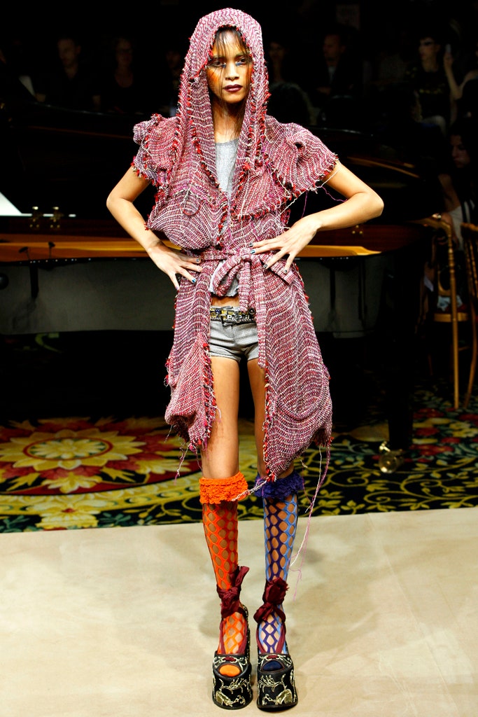 layered hooded dress with platform shoes
