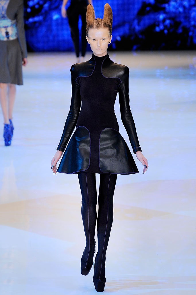 black leather long-sleeve high-neck fitted flared mini dress