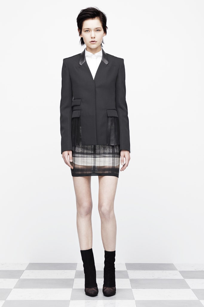 black tailored blazer and mini skirt