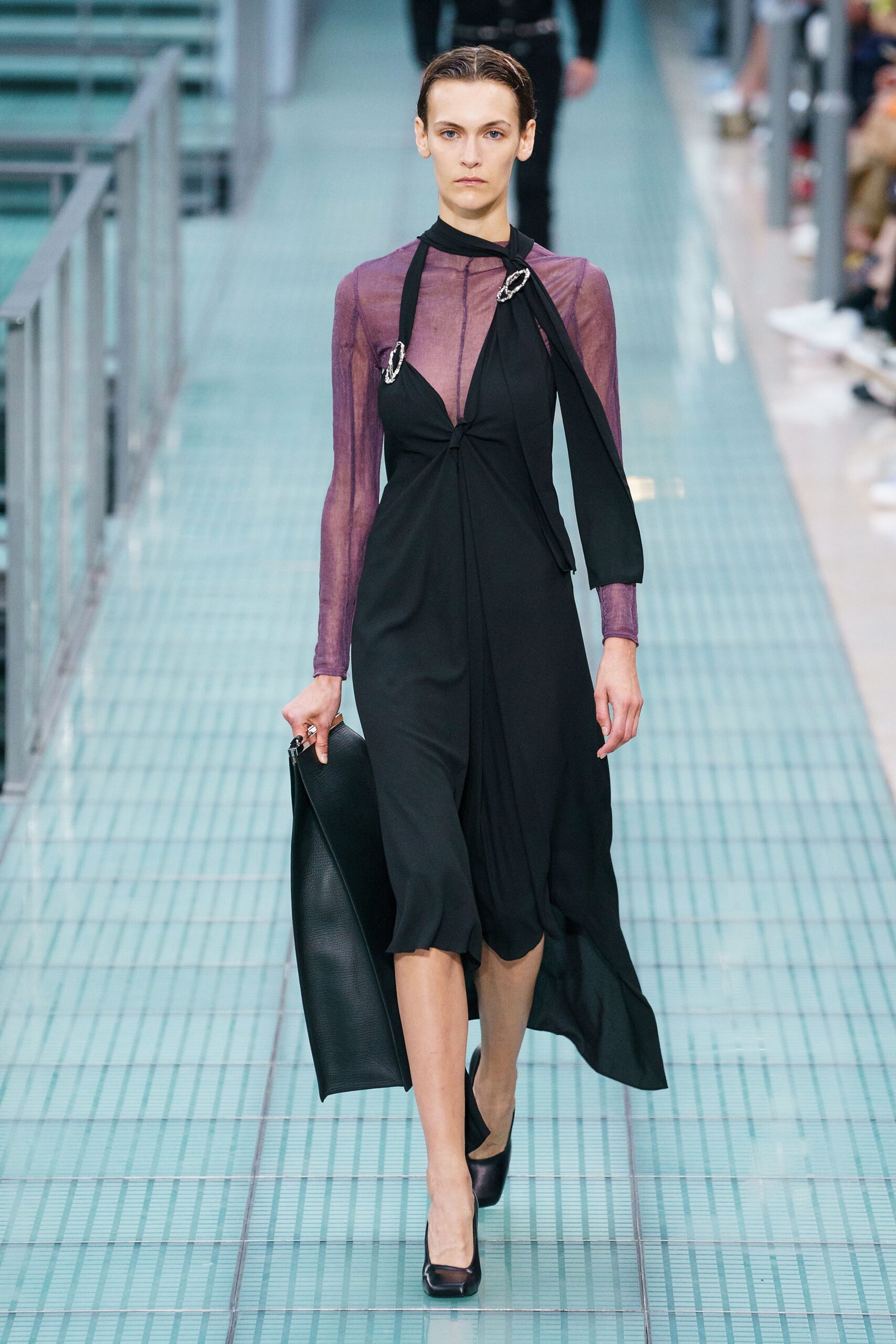 purple silk long-sleeve high-neck fitted pleated top