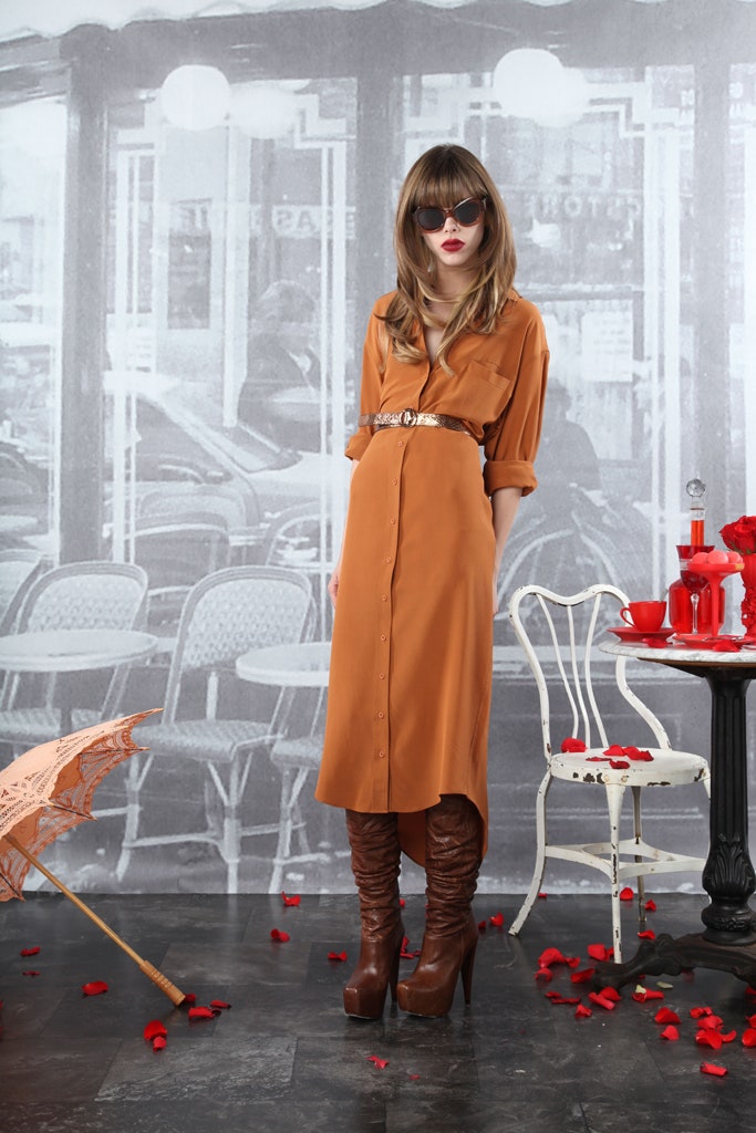 brown silk midi dress with boots