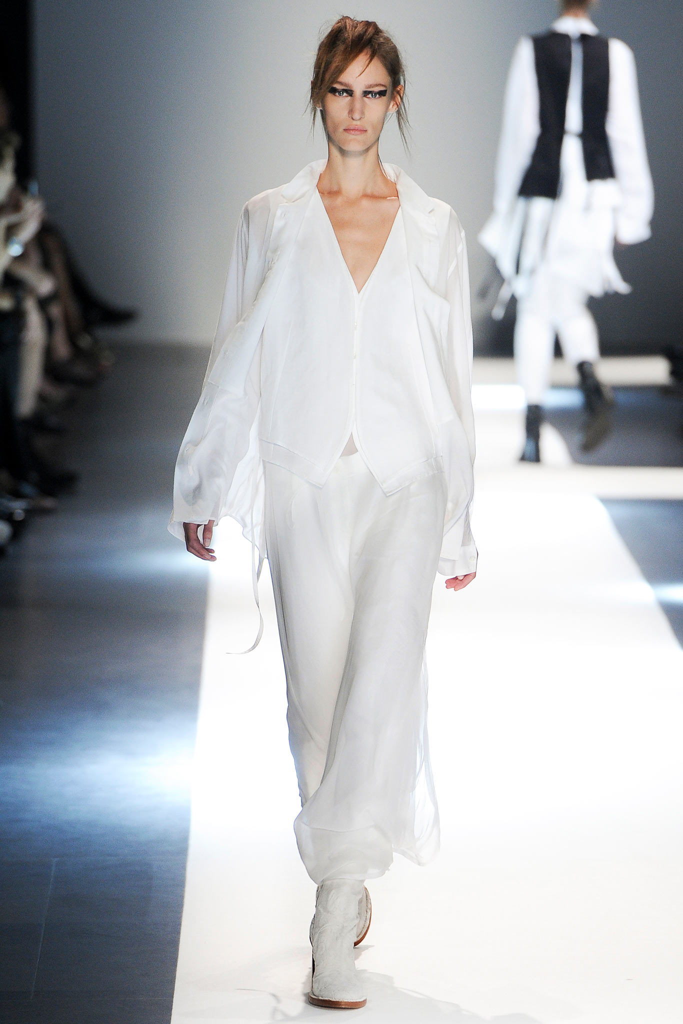 white silk relaxed blouse and pants