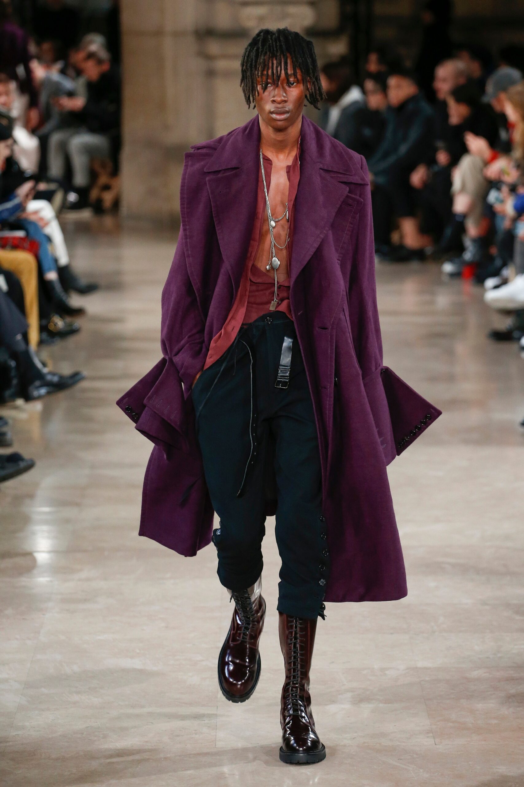 purple wool coat with red shirt
