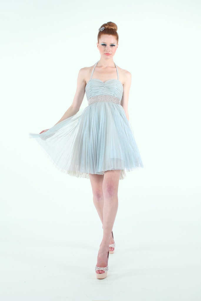 blue silk pleated mini dress