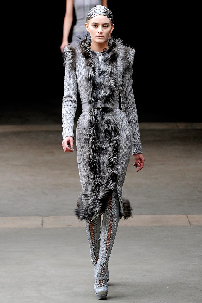 gray wool long-sleeve collared fitted draped zippered dress
