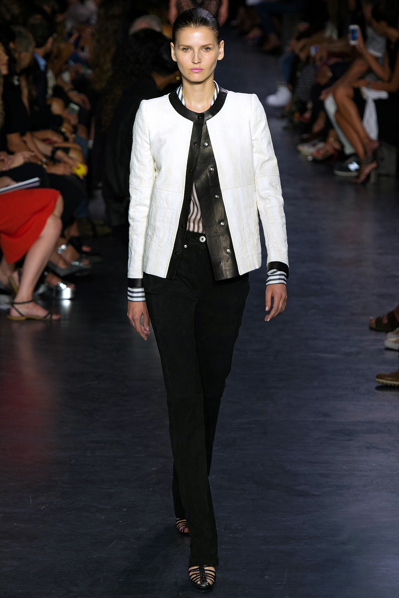 fitted black and white jacket with slim pants