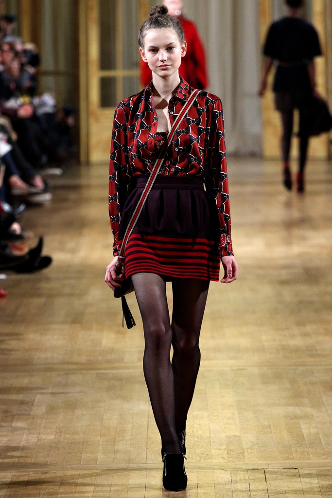 red printed shirt and mini skirt
