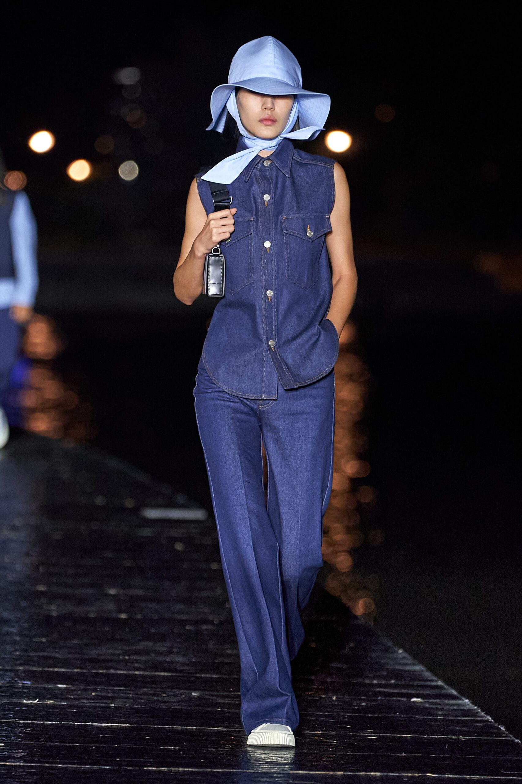 blue denim jumpsuit with hat