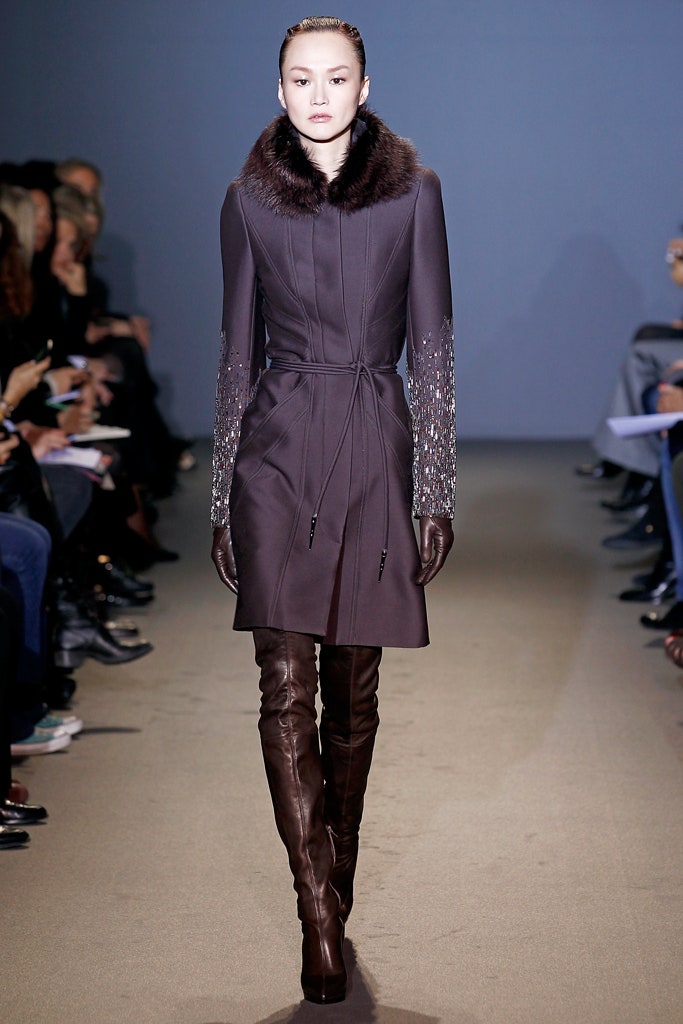 brown wool long-sleeve collared fitted zippered belted coat