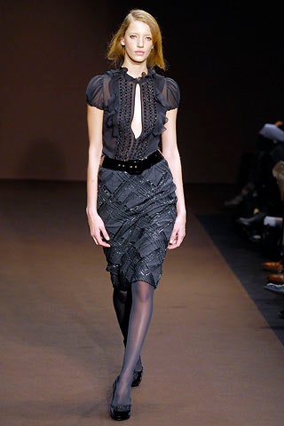 black silk fitted blouse and skirt