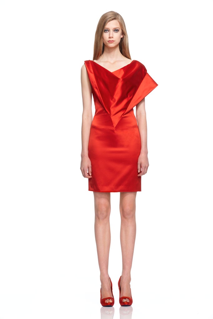 red silk off-shoulder dress