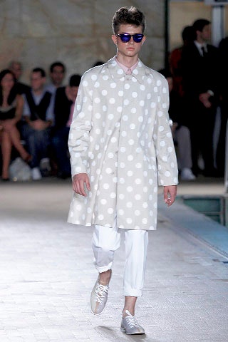 white cotton long-sleeve collared relaxed polka-dot coat