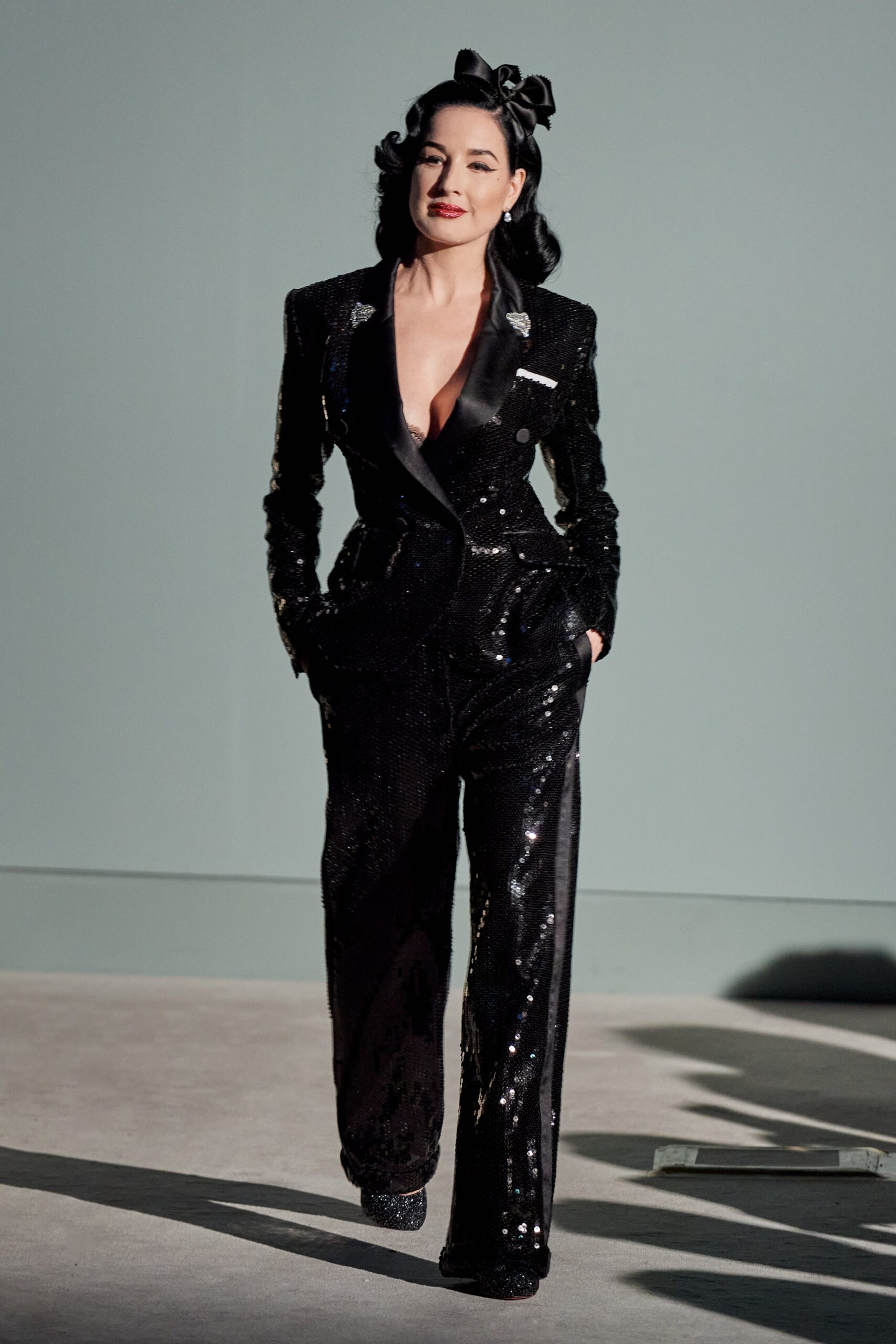 black sequin fitted suit