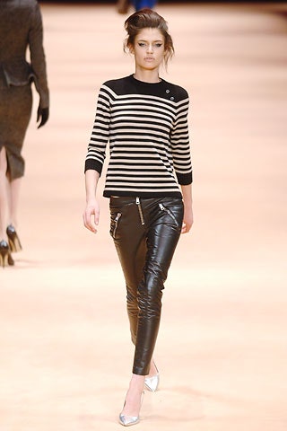 striped top black leather pants