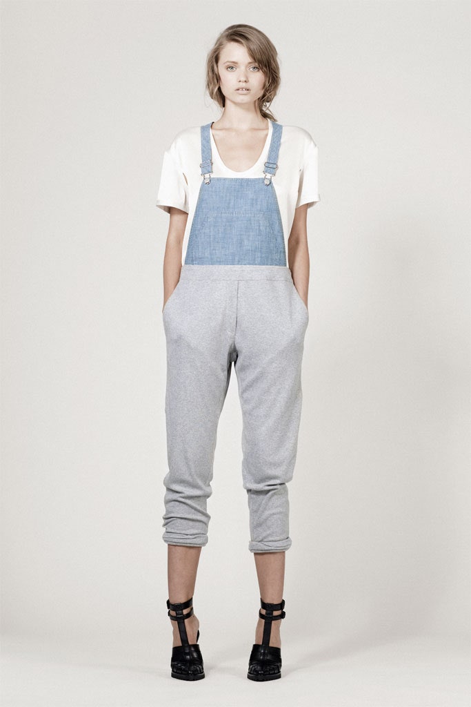 blue denim overalls with white t-shirt