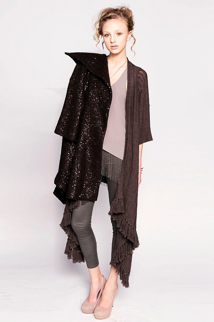 gray silk top with black cape