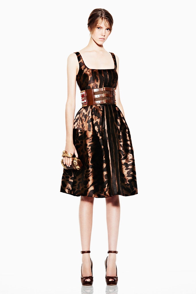 brown and black printed midi dress with belt