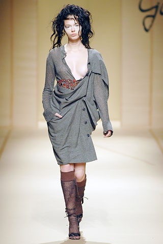 gray wool long-sleeve v-neck fitted buttoned draped dress