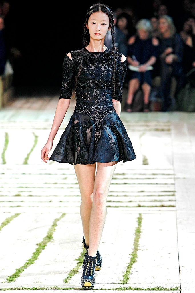 black lace short-sleeve off-shoulder fitted flared sheer dress