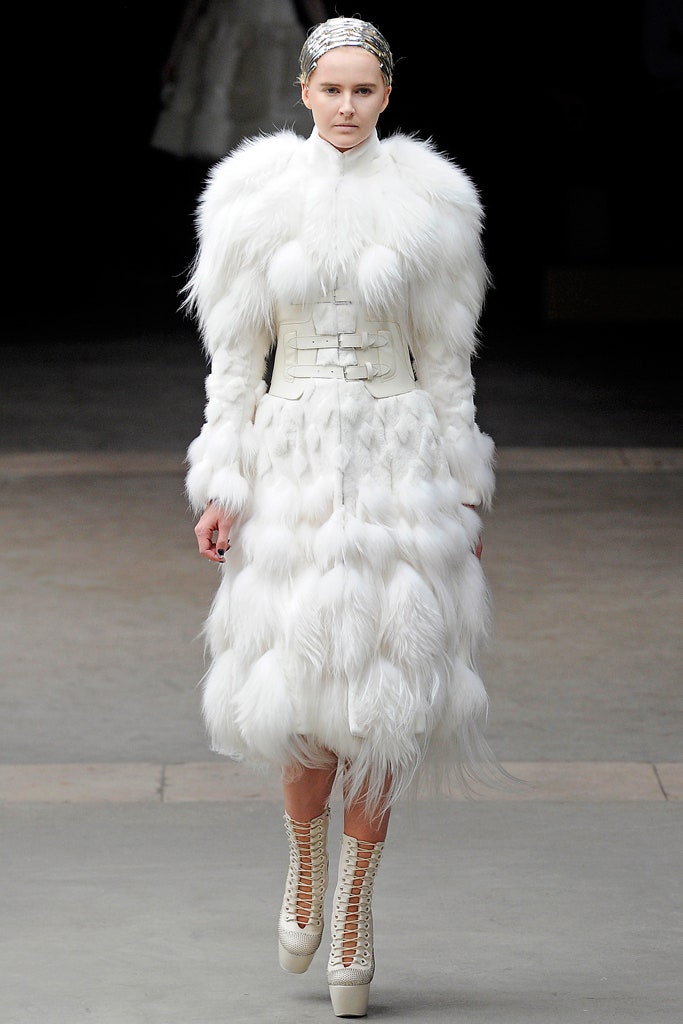white fur long-sleeve high-neck fitted layered ruffled dress