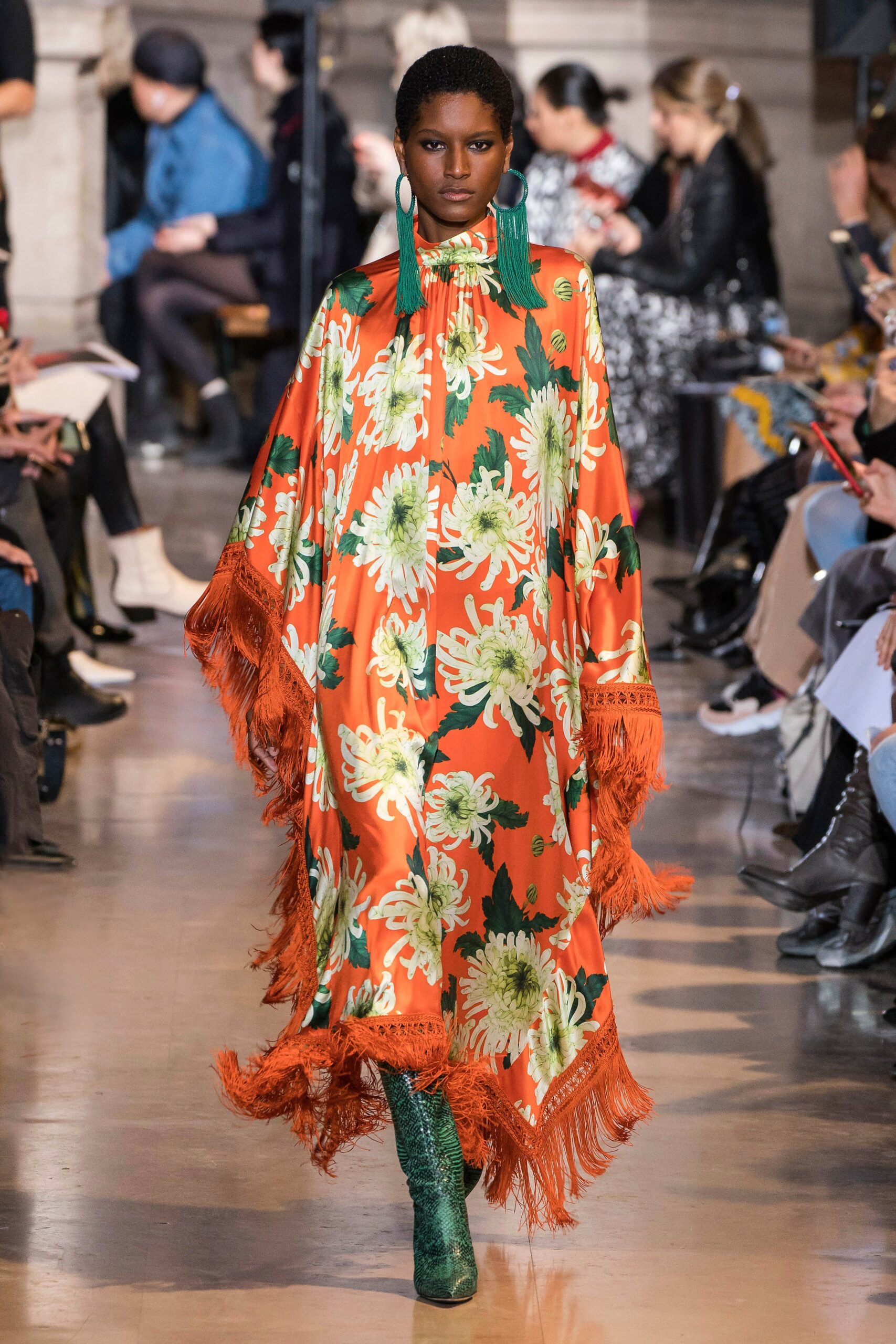 orange silk sleeveless collared relaxed flared fringed poncho