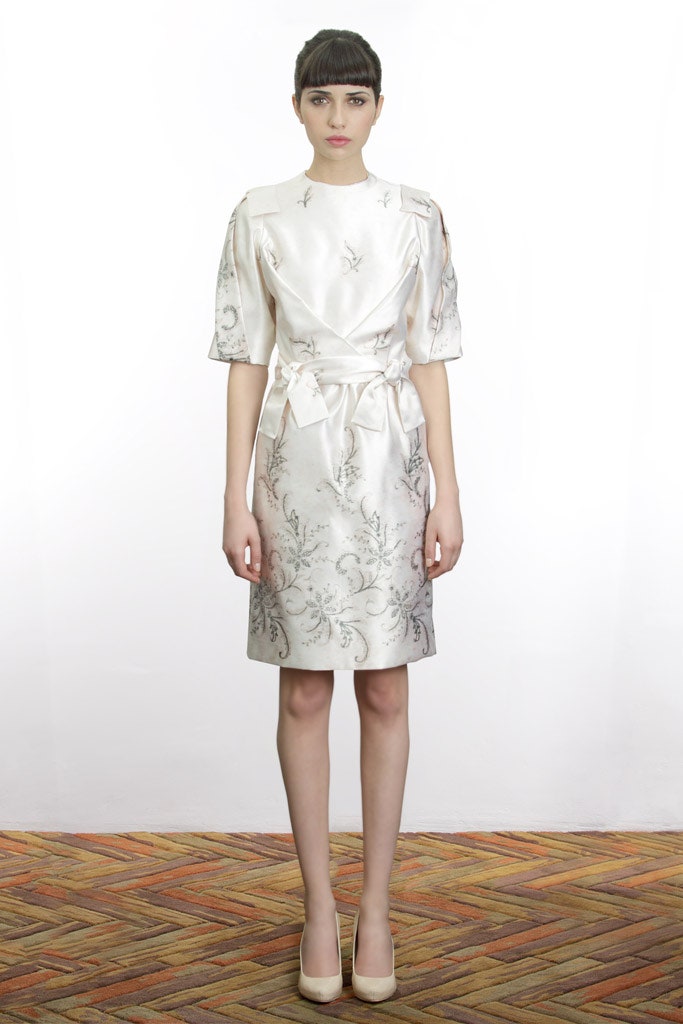 white silk embroidered dress