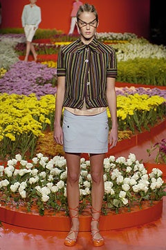 multi-striped fitted shirt with blue pencil skirt