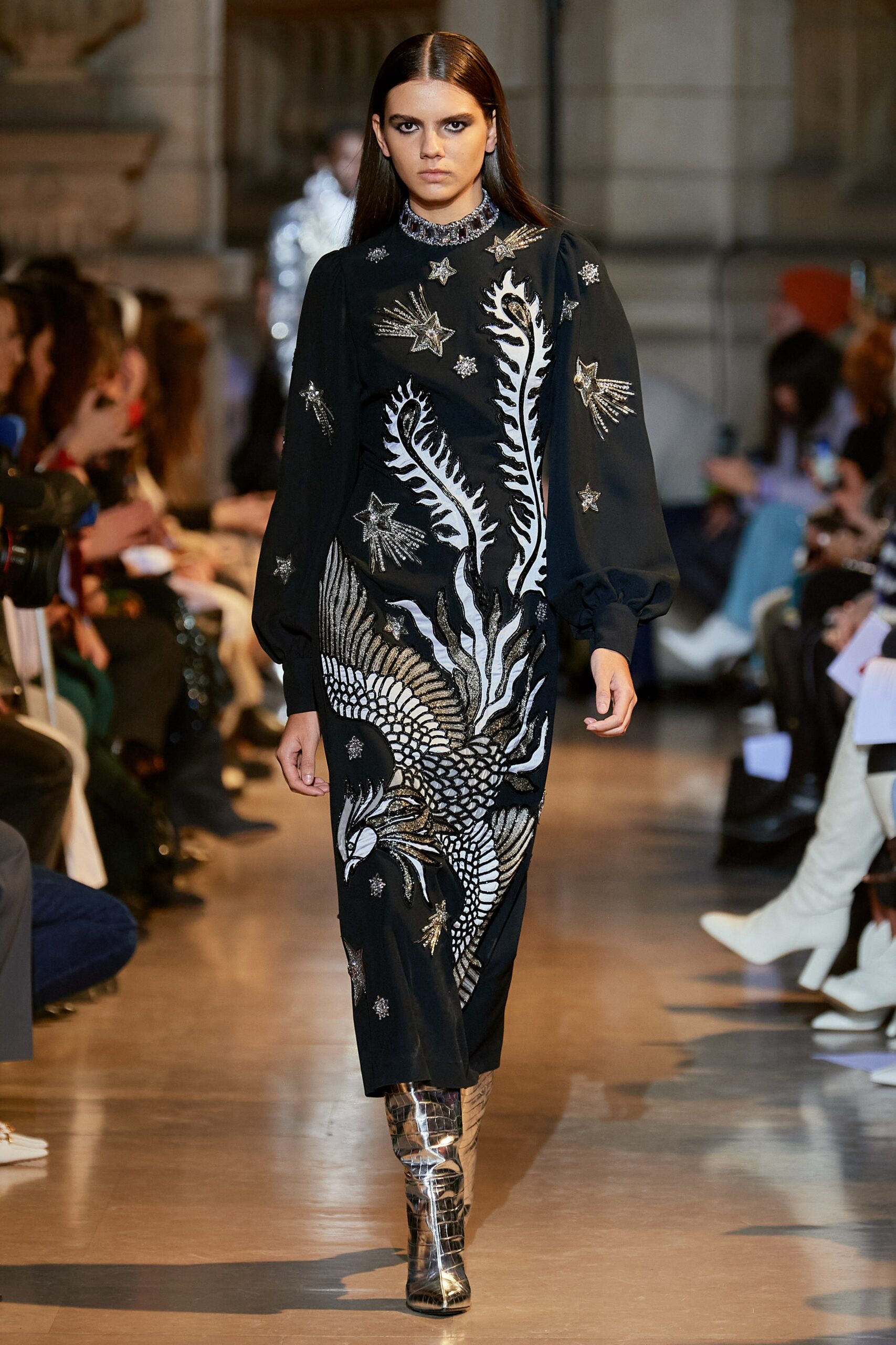 black embroidered midi dress with silver boots