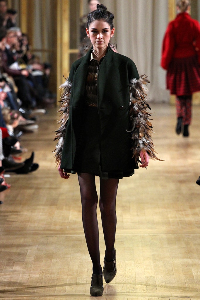 green wool coat with fringed details