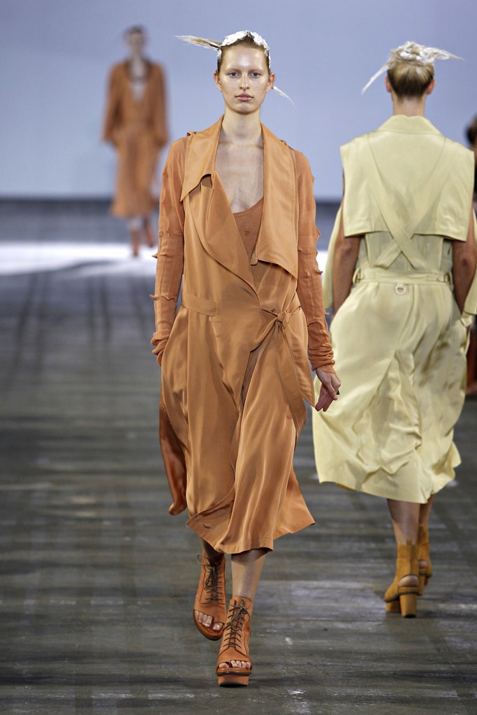 beige silk long-sleeve collared relaxed draped flowing coat