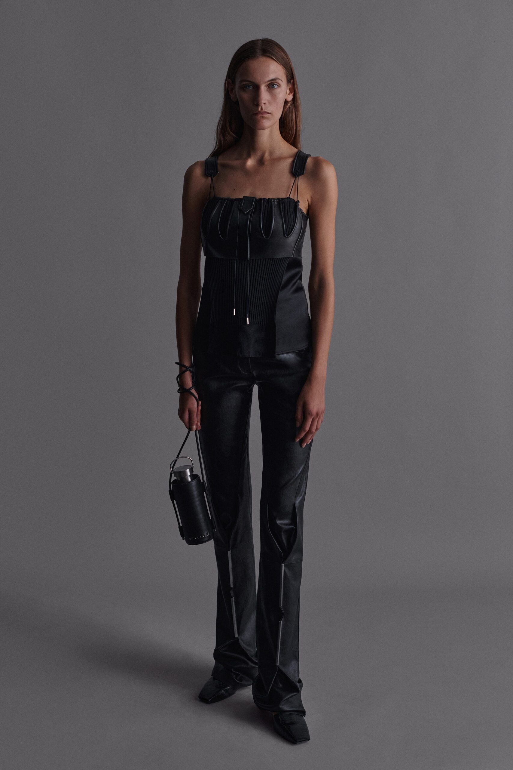 black silk top and leather pants