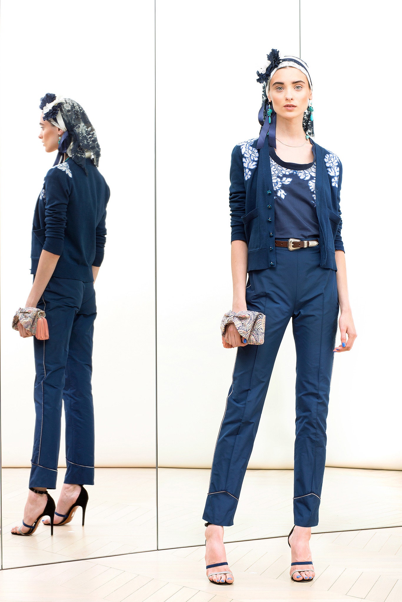 navy cardigan and tailored pants
