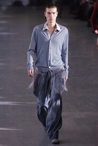 blue relaxed cardigan with gray pants