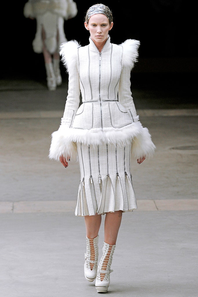 white tweed long-sleeve collared fitted zippered flared dress