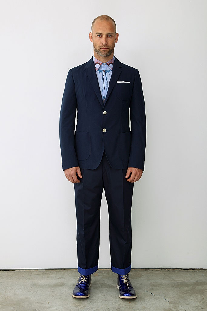 blue cotton long-sleeve collared tailored buttoned suit