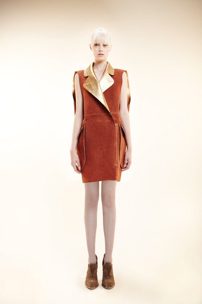 orange suede sleeveless collared fitted zippered short dress