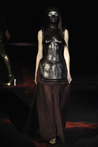 black vinyl fitted gown and brown silk skirt