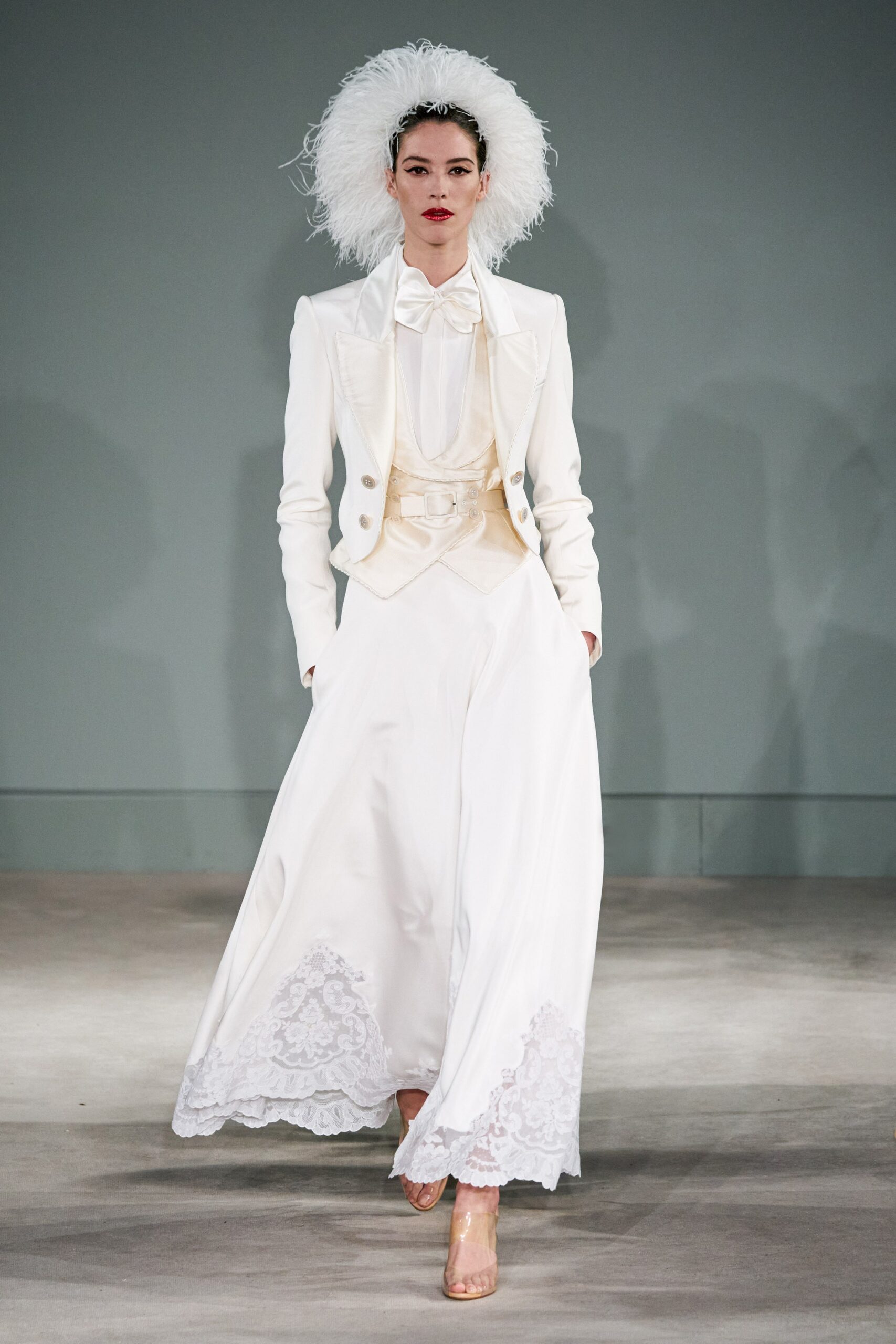 white silk fitted suit and gown