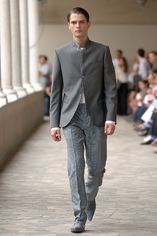 gray cotton tailored straight-leg checked pants