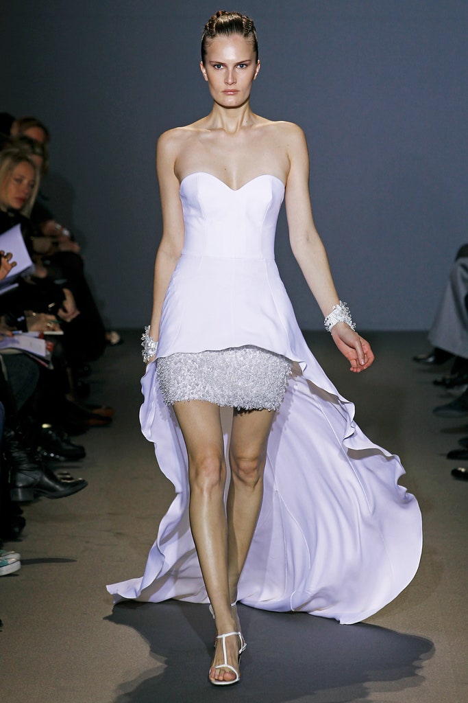 white silk strapless asymmetric dress