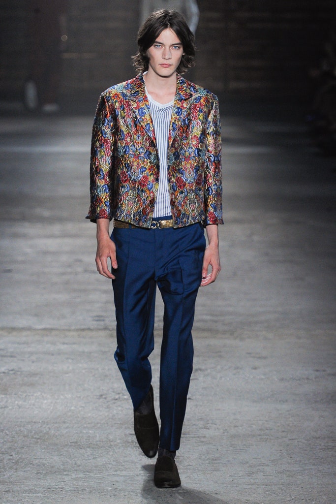 multi-colored embroidered jacket with striped shirt