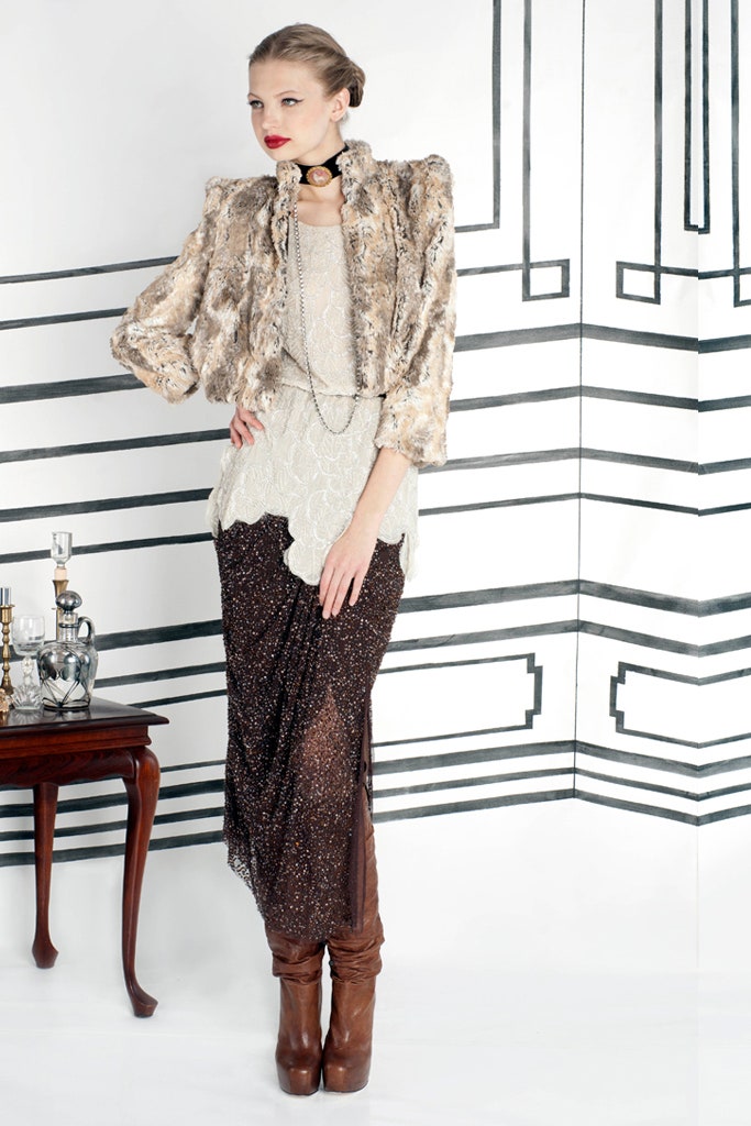 brown faux-fur coat with lace top