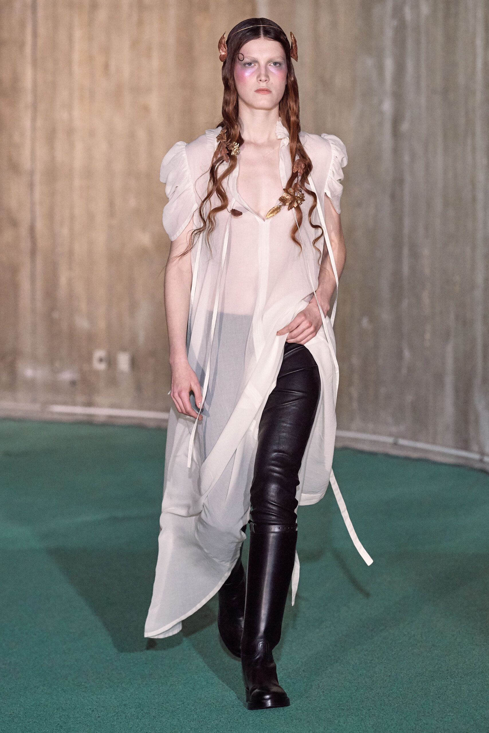 white chiffon maxi dress and black leather pants