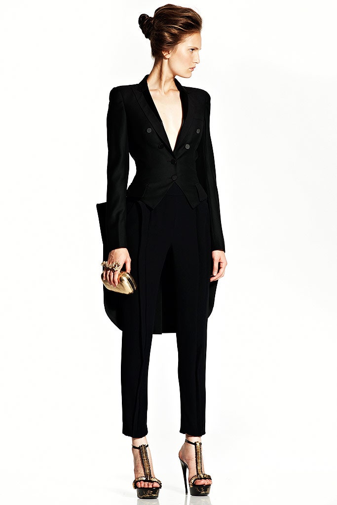 black silk long-sleeve v-neck fitted structured suit