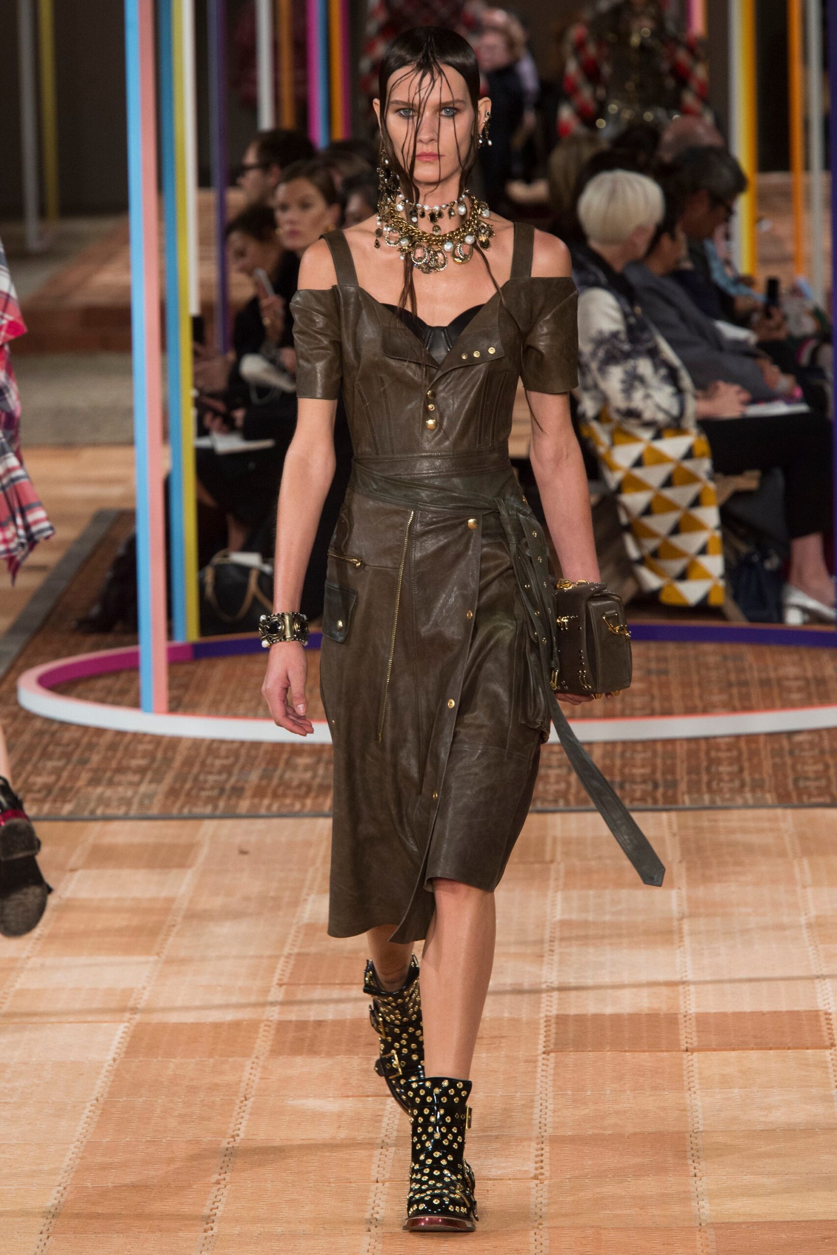 brown leather short-sleeve off-shoulder fitted zippered pencil dress